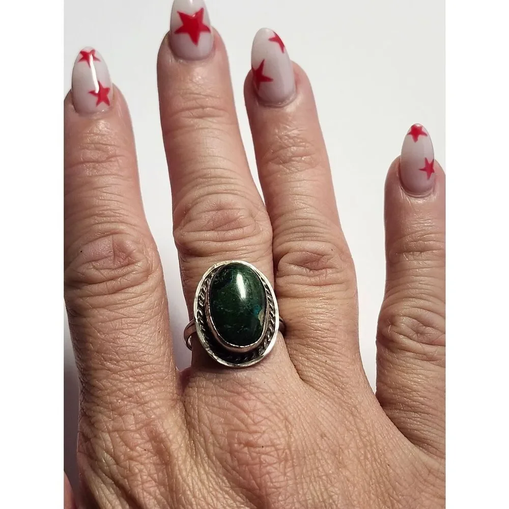 VINTAGE MEXICO STERLING SILVER AND CHRYSOCOLLA STONE RING SIZE 7.75